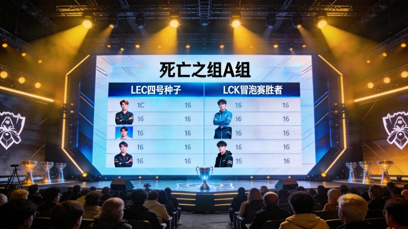 LOL S16世界赛入围赛抽签仪式现场，大屏幕显示死亡之组A组队伍名单，包括LEC四号种子与LCK冒泡赛胜者