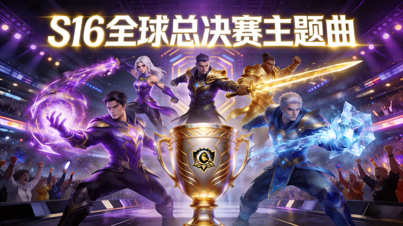 S16全球总决赛主题曲MV封面，展示英雄联盟2026赛季标志性画面与冠军奖杯
