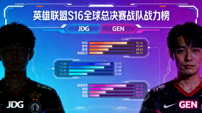 英雄联盟S16全球总决赛战队战力榜主题壁纸，JDG与GEN选手剪影搭配数据图表